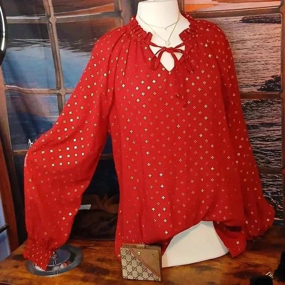 Time and Tru Tops - TIME AND TRU RED AND GOLD SHIMMER ✨️ BLOUSE LIKE NEW!! XL